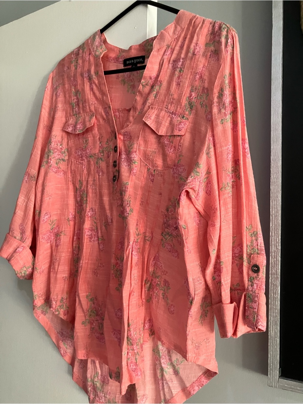 Ava & Grace Coral Pink Floral Henley Tunic